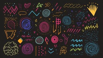 Fun and colorful abstract line doodle shape set.