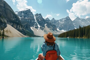 In Banff National Park, Alberta, Canada, during the summer, a woman snaps pictures of the mountains near Moraine Lake