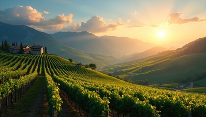 Fototapeta premium Scenic sunset over vineyard in mountain valley. Green hills with grape vines rows. Rural agriculture landscape in golden hour light. Beautiful idyllic scenery of farm, nature, travel destination.