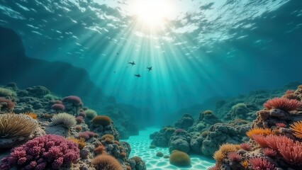 Fototapeta premium Sunlight streaming through clear ocean water over a coral reef with colorful corals 