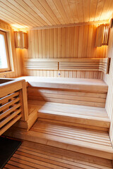 Wooden benches in tiers in the sauna with lamps in the corners near the window