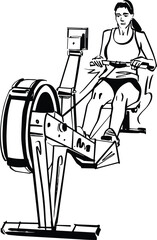 Illustration of a HYROX fitness event featuring athletes engaging in functional training exercises like sled pushing, rowing, and ski erg. Bold sketch style with dynamic action poses and green highlig