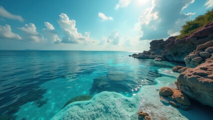Fototapeta premium Split view of ocean surface and underwater coral reef with pink coral formations 