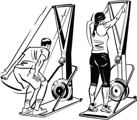 Illustration of a HYROX fitness event featuring athletes engaging in functional training exercises like sled pushing, rowing, and ski erg. Bold sketch style with dynamic action poses and green highlig