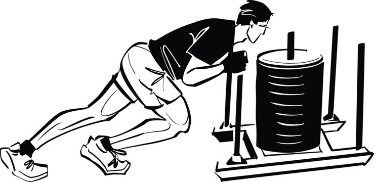 Illustration of a HYROX fitness event featuring athletes engaging in functional training exercises like sled pushing, rowing, and ski erg. Bold sketch style with dynamic action poses and green highlig