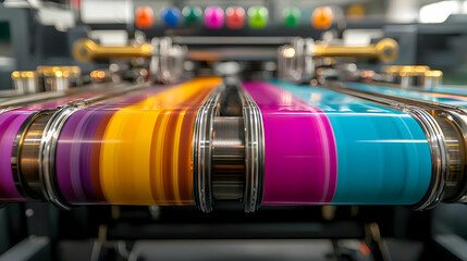 Fototapeta premium Close Up View Of Colorful Ink Rollers On An Industrial Printing Press Machine During Production Process