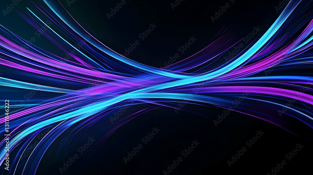 Poster vivid blue and purple digital lines flowing gracefully on a dark background creating a dynamic abstr