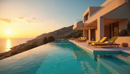 Fototapeta premium Modern villa with turquoise infinity pool overlooking rocky coast and calm sea at sunset. Yellow sunbeds wait for tourists. Relaxing vacation. Luxury resort accommodation and calm beach holidays.