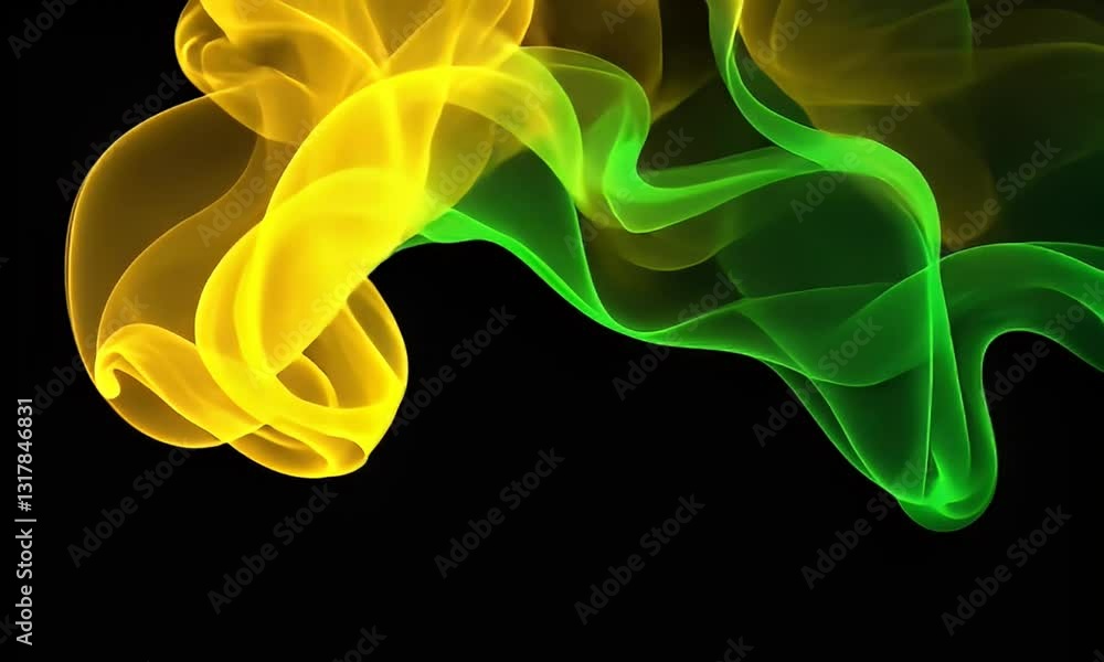 Poster abstract flowing wave of yellow and green smoke against black background creating a dynamic and mode