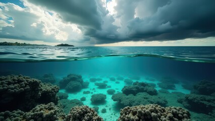 Obraz premium Split view of ocean surface and underwater coral reef affected by bleaching 