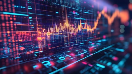 Trading Charts and Data Visualizations: Dynamic display of financial data charts, highlighting market trends, with a captivating blend of technology and finance in a photorealistic display.