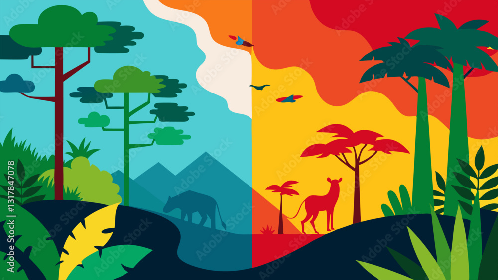 Poster rainforest loss a vibrant rainforest scene on one side with diverse wildlife transitioning to a dry 