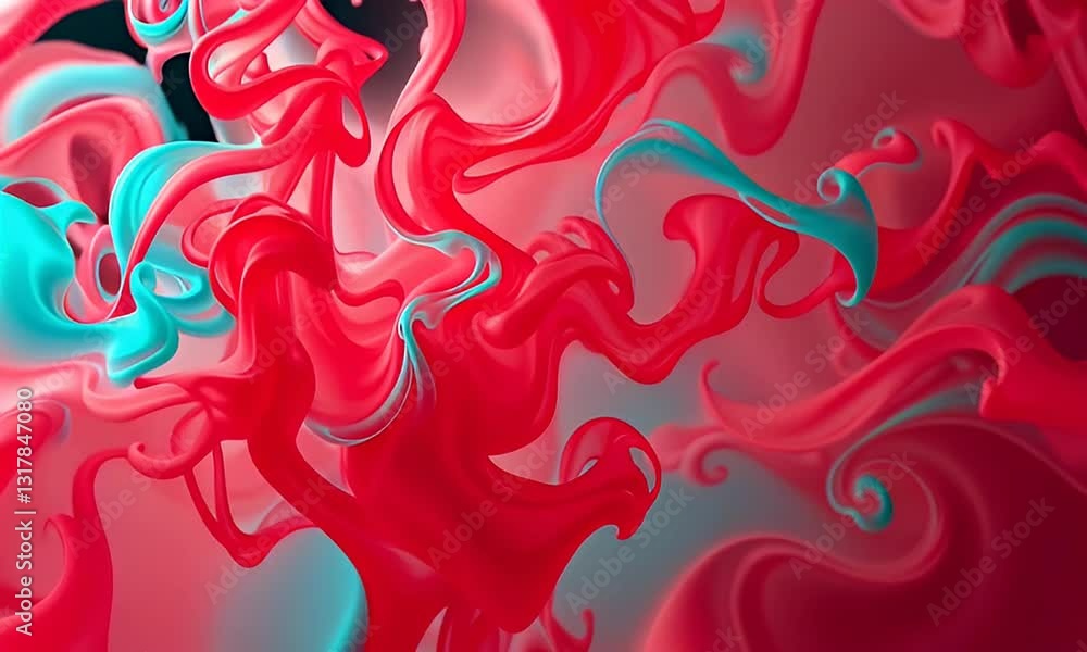 Poster abstract fluid motion in vibrant red and aqua tones with dynamic swirls and modern graphic rendering