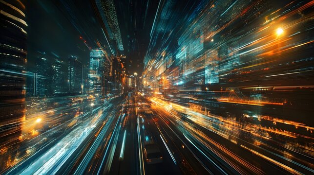 Cityscape in Motion: A captivating abstract cityscape is rendered with dynamic streaks of light and color, conveying a sense of speed and futuristic energy.