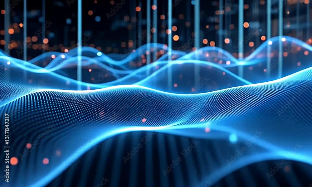Poster abstract glowing blue waves and dots digital data network technology futuristic structure background