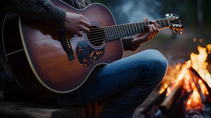 Obraz premium Relaxed musician playing guitar by a cozy bonfire creating a warm and inviting atmosphere under the night sky