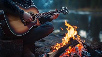 Musician enjoying the moment playing guitar by a flickering firelight on a beautiful evening surrounded by friends