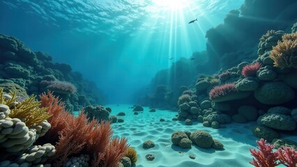Obraz premium Sunlight streaming through clear ocean water over a coral reef with signs of bleaching 