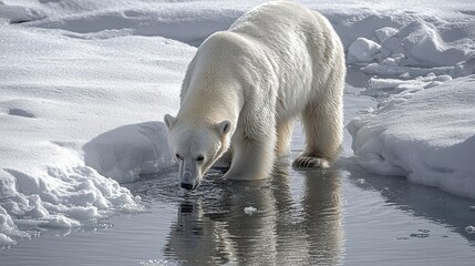 Fototapeta premium In a vast expanse of the Arctic's frozen tundra, a majestic polar bear embarks on its solitary hunt, a testament to the resilience of life in the harshest of environments The air, crisp and frigid