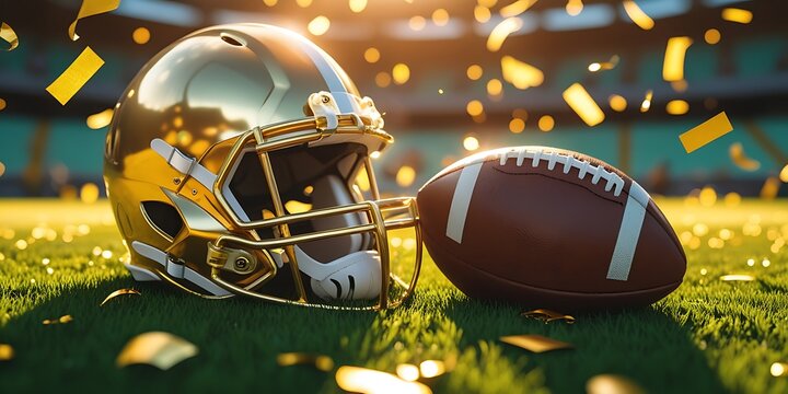 Shiny golden football helmet and classic ball placed on vibrant green turf in stadium with golden confetti, symbolizing championship victory and celebration in American football