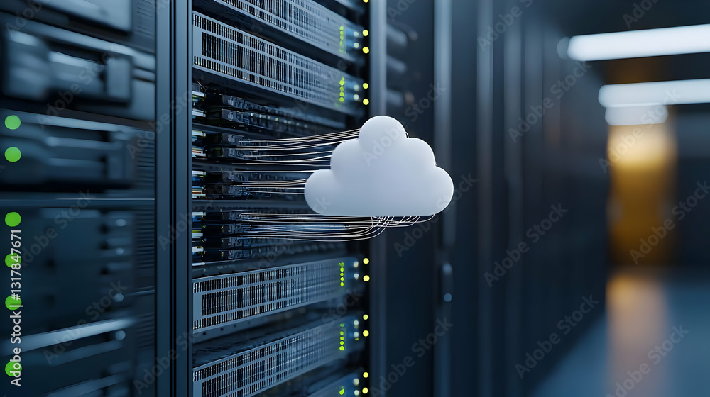 Aufkleber white glowing cloud emerging from dark server racks in a modern data center with blurred background