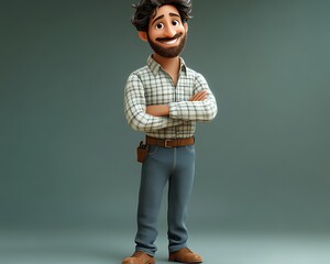 Animated character of a smiling man with arms crossed is standing