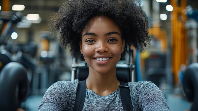 In a vibrant display of resilience and determination, a smiling wheelchair user engages in a fulfilling workout session on a stationary bike, embodying the essence of inclusive fitness Her radiant