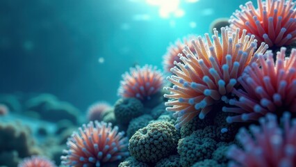 Obraz premium Close-up of coral polyps underwater showing signs of bleaching in a marine ecosystem 
