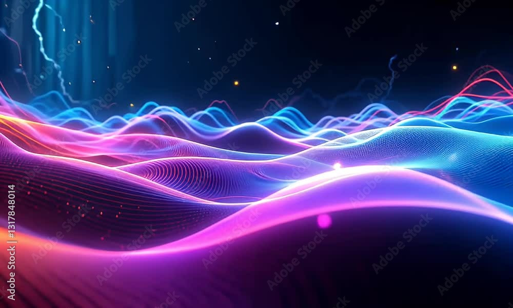 Poster abstract glowing wavy surface in blue purple and red colors digital background futuristic technology