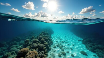 Fototapeta premium Sunlight streaming through clear ocean water over a coral reef showing bleaching effects 