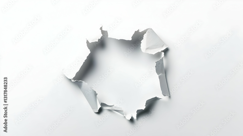 Poster white torn hole in paper with bright white background and soft shadows revealing empty space ideal f