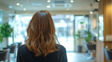 Woman with Wavy Hair Facing Modern Interior of a Salon or Cafe
