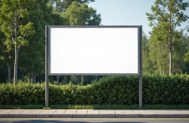 Billboard on metal poles mounted on town street outdoor. Information signboard with mockup place. Blank white banner template, advertisement among city street plants. Space for commercial poster