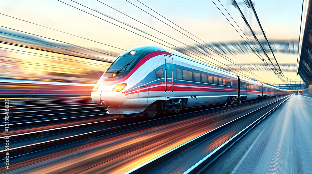 Poster a red and white high-speed train in motion blur at sunset on a modern railway with a pixelated effec