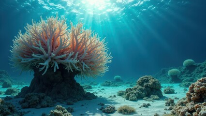 Obraz premium Sunlight illuminating an underwater coral arch on a sandy seabed with signs of bleaching 