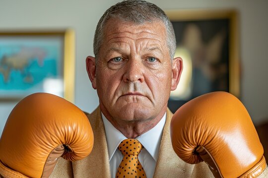 In a world where power dressing meets pugilistic prowess, behold the visage of a businessman ready for any challenge With boxing gloves donned and a tie neatly in place, he is prepared to strike a