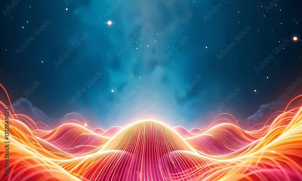 Poster abstract landscape with luminous geometric pattern in deep blue and orange tones with light effects 