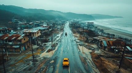 Abandoned coastal town with yellow car on empty road under cloudy sky