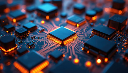Close-up of glowing circuit electronic board with microchips, hardware, innovative tech background concept. Computer motherboard with microcircuit components, electricity, abstract detail. Modern