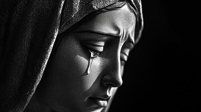 holy mary with tear on her cheek praying black white high contrast