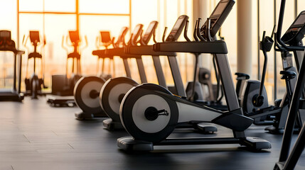 Obraz premium Interior View Of Modern Gym With Exercise Machines Illuminated By Golden Sunlight Through Window