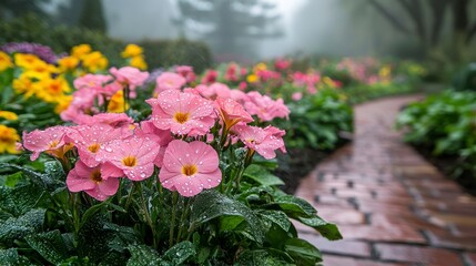 Naklejka premium In the early morning light, a garden awakens, its soft pink blooms kissed by tiny dewdrops, creating a magical spectacle The air hangs heavy with moisture, lending a gentle, ethereal quality to the