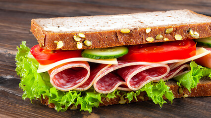 Club sandwich. Sandwich with meet, prosciutto, salami, salad, vegetables, lettuce, tomato, onion and mustard on a fresh sliced rye bread.