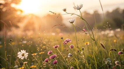 Golden Hour Meadow: A sun-kissed field of wildflowers dances in the warm light, with a soft focus effect. Capturing the vibrant beauty and serene atmosphere. 