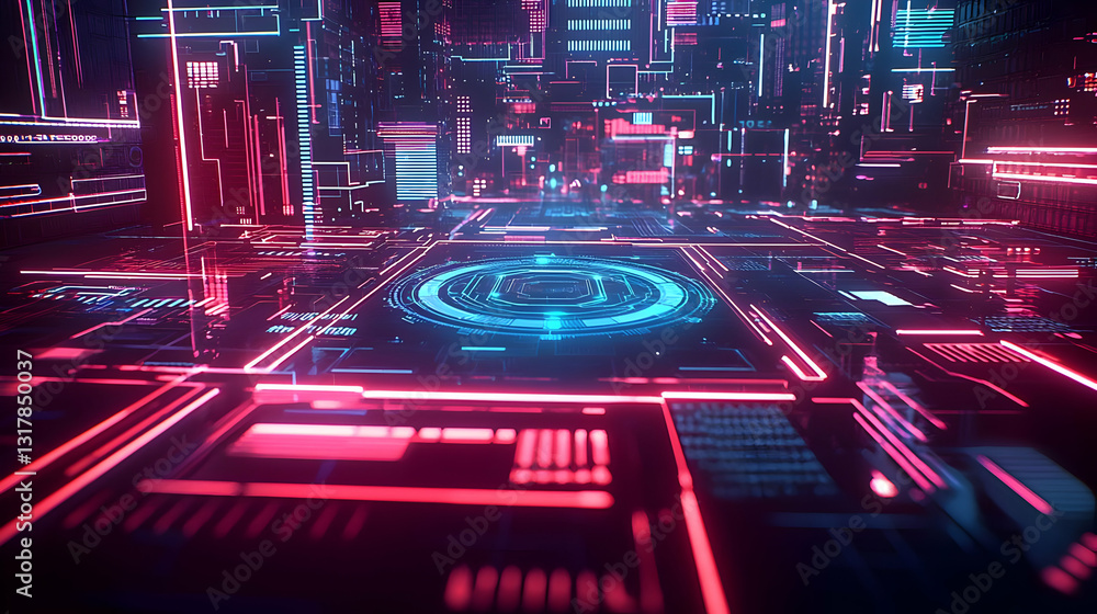Poster abstract digital technology visualization with red and blue geometric network and glowing lines