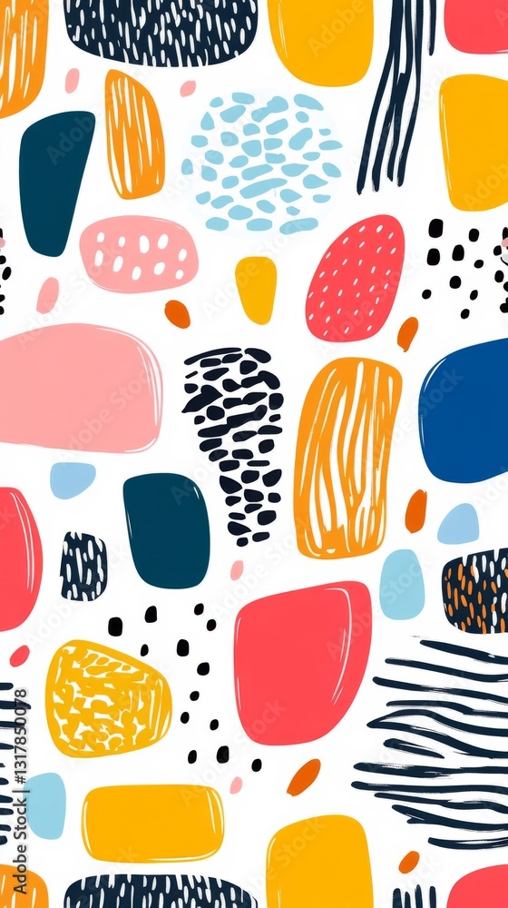 Poster vibrant seamless doodle pattern with colorful line shapes.