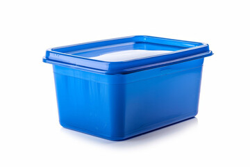 Empty plastic food storage container on white background.