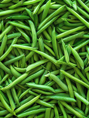 Close-up of fresh, vibrant green beans. Pile of raw green beans.