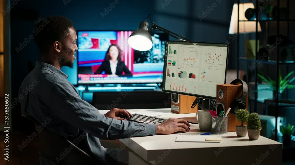 Poster network analyst studying digital commerce progression reports on computer, working at home to boost 