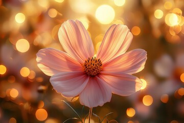 Fototapeta premium In the gentle caress of nature, a delicate pink flower dances with the rhythm of the wind Its petals, kissed by the sun's golden rays, shimmer with ethereal beauty A symphony of colors unfolds, as
